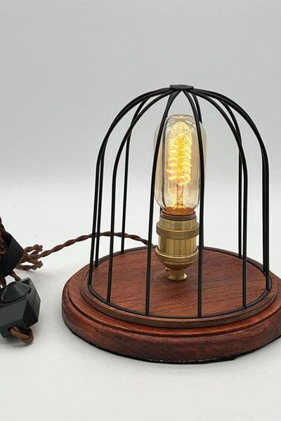 Cage Spiral Bulb with Dark Color Wood Base