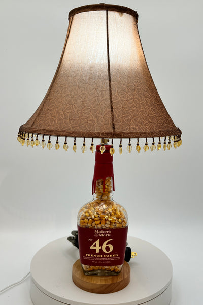 Maker’s Mark® Bourbon Bottle Lamp – Filled with Corn & Handcrafted Rustic Base