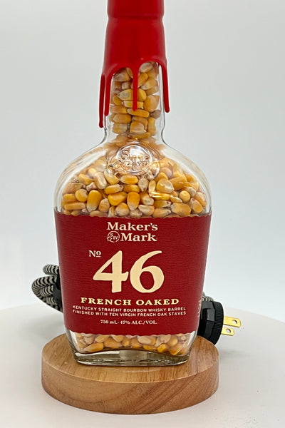 Maker’s Mark® Bourbon Bottle Lamp – Filled with Corn & Handcrafted Rustic Base