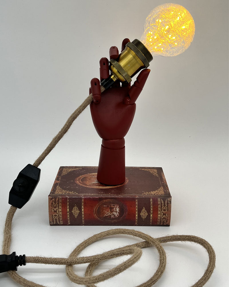 Brick Red wooden hand globe light with book base Accent Light