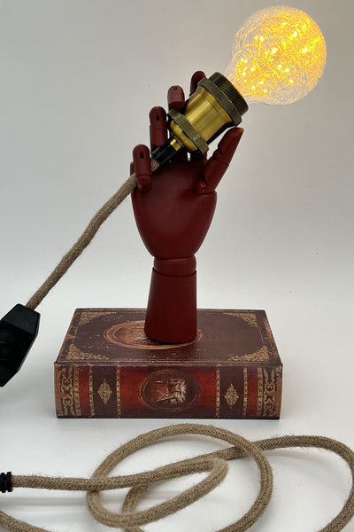 Brick Red wooden hand globe light with book base Accent Light