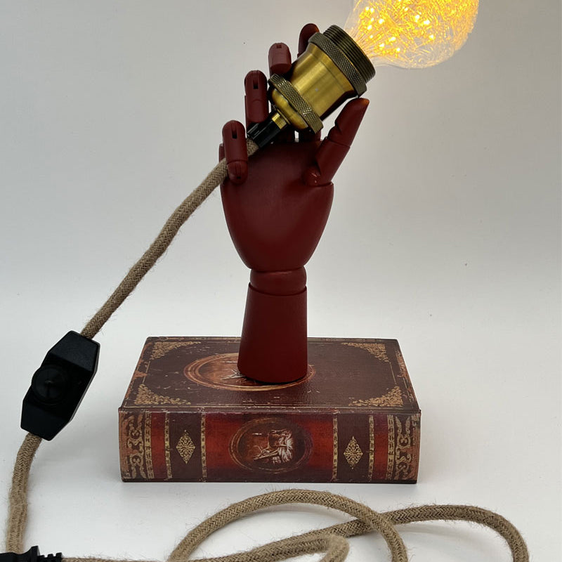 Brick Red wooden hand globe light with book base Accent Light